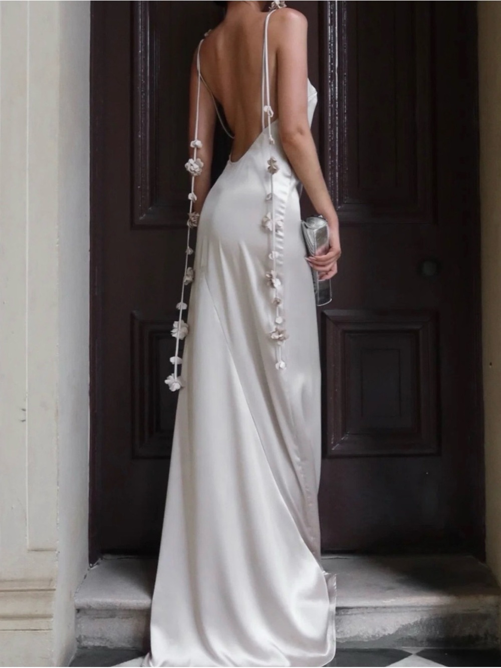 Meshki Ivory Satin Backless Maxi Slip Dress with Floral Tie Straps